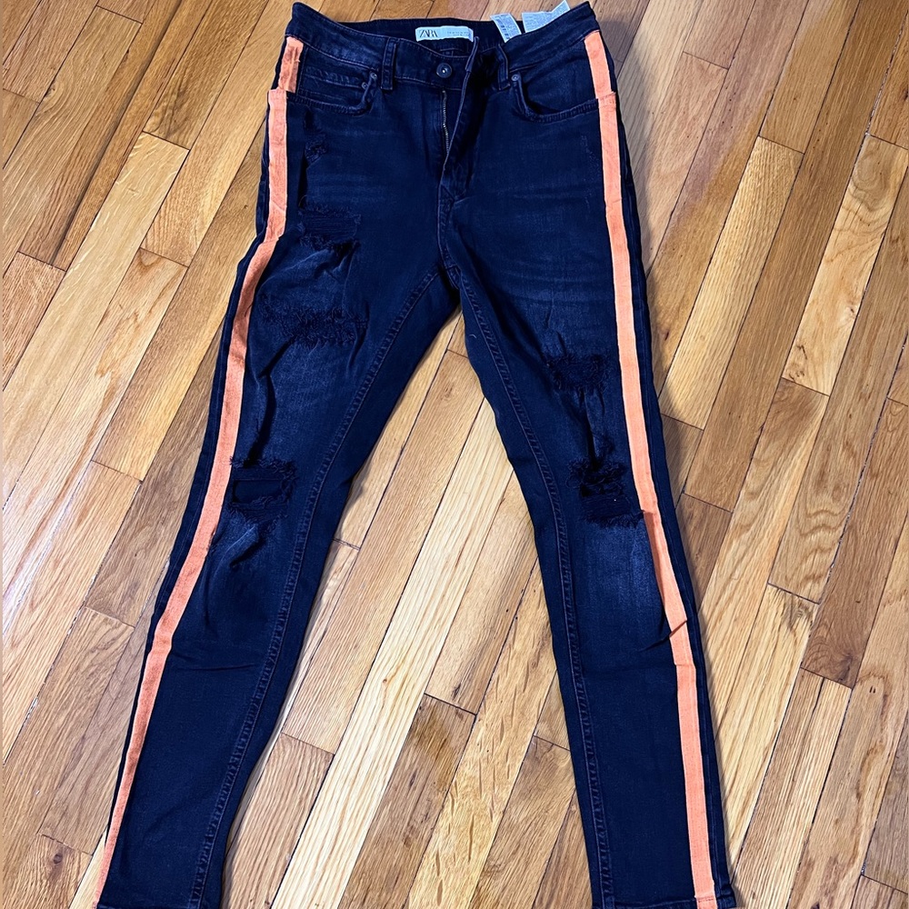Zara black jeans with orange stripe